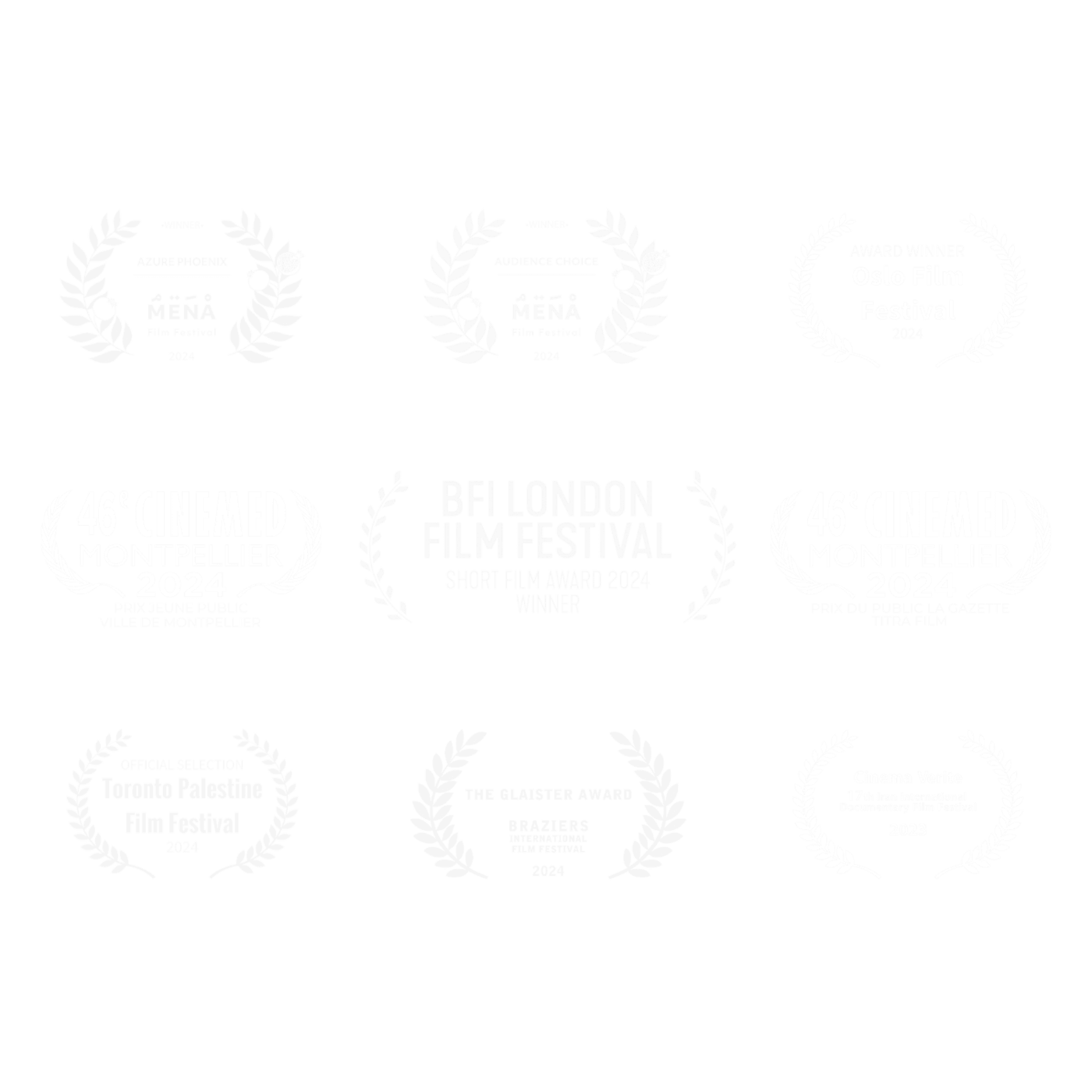 A composite of award laurels earned by Vibrations from Gaza, including the BFI London Film Festival, MENA Film Festival, and the Iran International Documentary Film Festival.