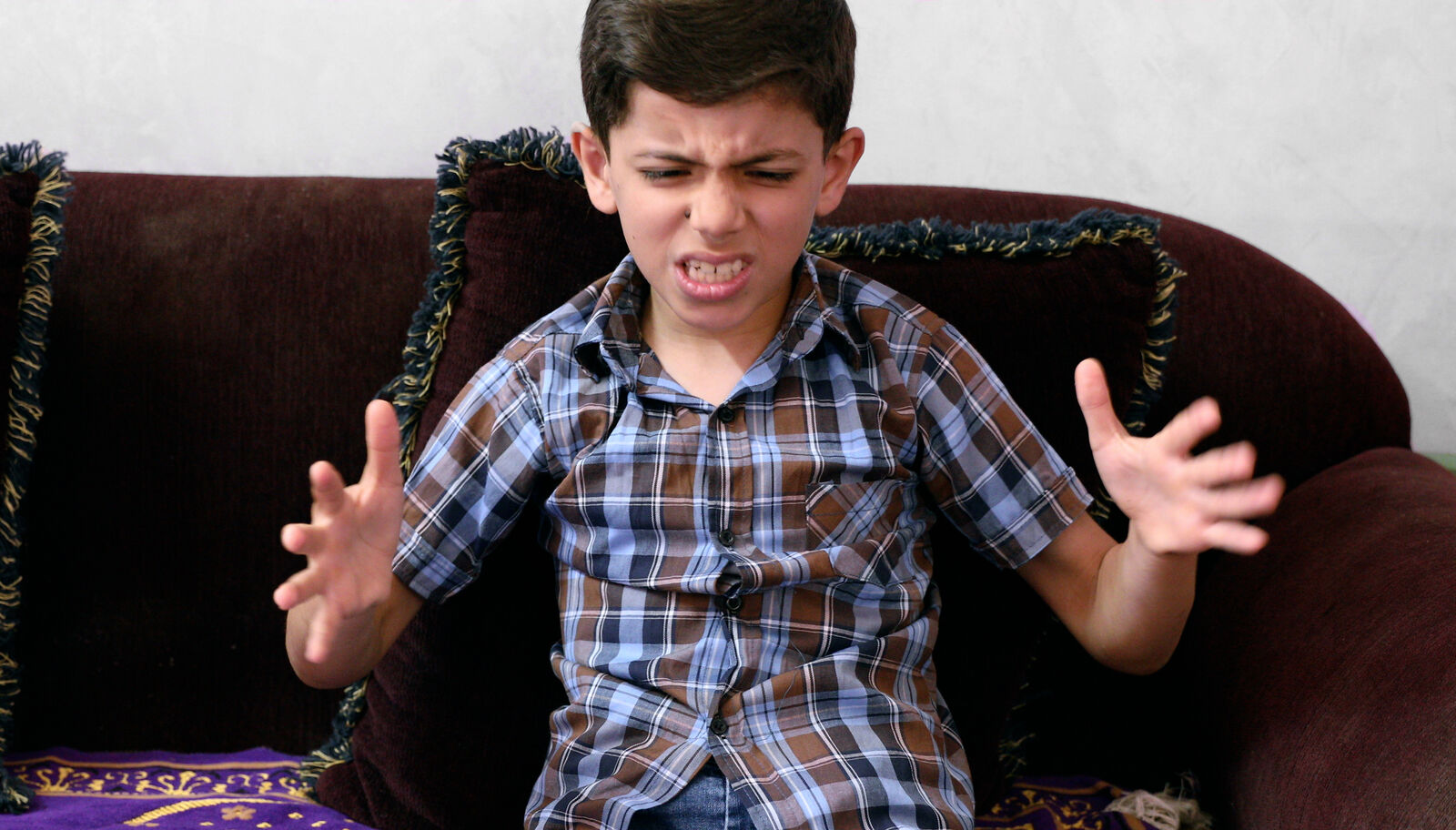 A boy in a plaid shirt signs emphatically with both hands.